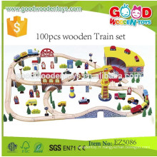 Vente continue de train de jouets en bois FSC pour enfants Ensemble de trains en bois OEM 100pcs EZ5086